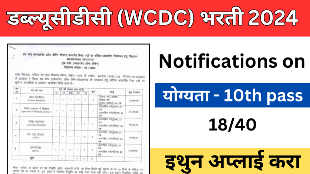 डब्ल्यूसीडीसी (WCDC) भरती 2024 डब्ल्यूसीडीसी भरती 2024: एक संधी सरकारी नोकरीची