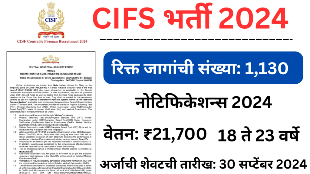 CISF Vacancy 2024 : सीआईएसएफ कांस्टेबल च्या पदांवर नवीन भर्ती सुरू, अर्ज फार्म भरने सुरू